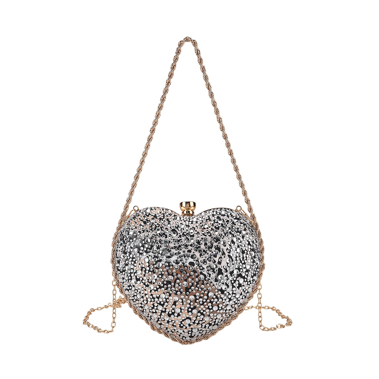 Sheeny Heart-Shaped Crystal Clutch Bag - White Brown