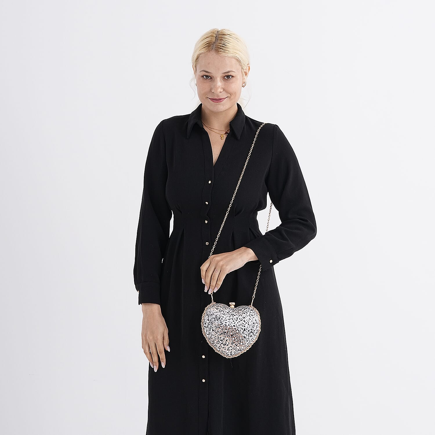 Sheeny Heart-Shaped Crystal Clutch Bag - White Brown