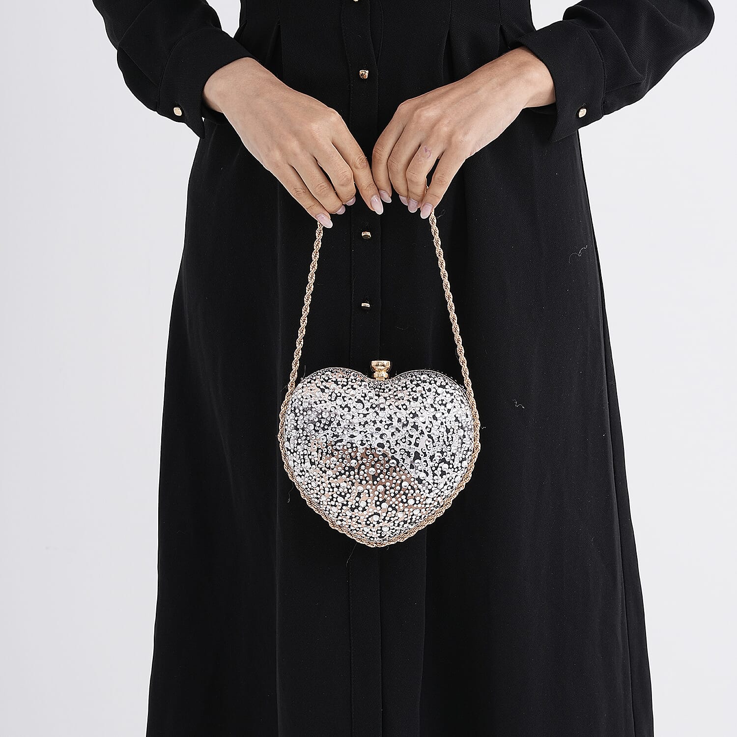 Sheeny Heart-Shaped Crystal Clutch Bag - White Brown