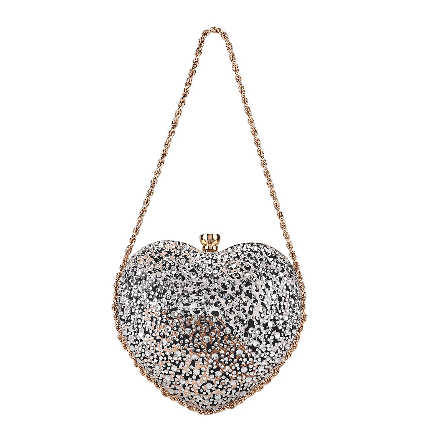 Sheeny Heart-Shaped Crystal Clutch Bag - White Brown