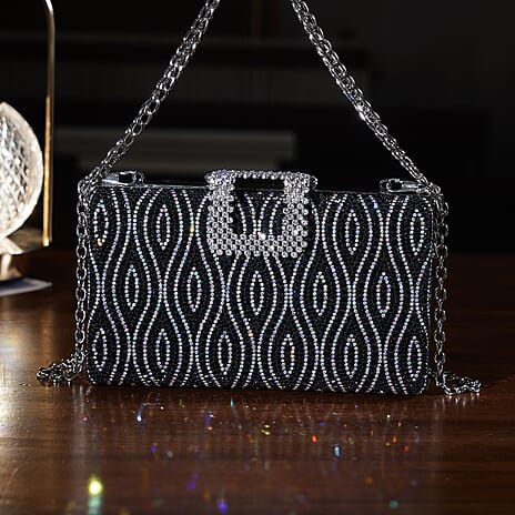CLOSEOUT DEAL - Crystal Embellished Evening Clutch Bag with Metallic Chain Strap - Black