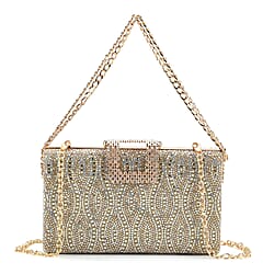 CLOSEOUT DEAL - Crystal Embellished Evening Clutch Bag with Metallic Chain Strap - Gold