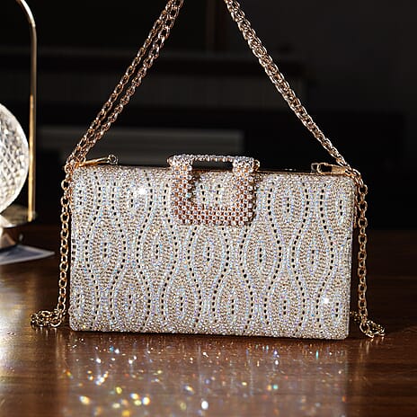 CLOSEOUT DEAL - Crystal Embellished Evening Clutch Bag with Metallic Chain Strap - Gold