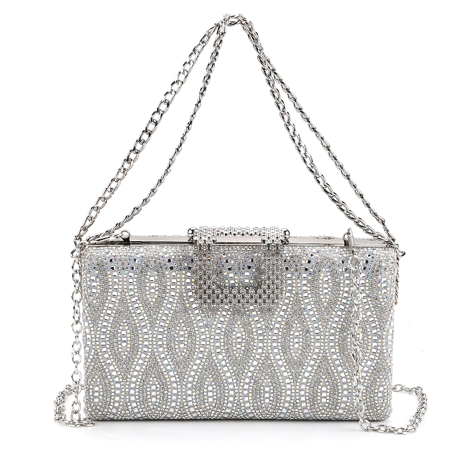 CLOSEOUT DEAL - Crystal Embellished Evening Clutch Bag with Metallic Chain Strap - Silver