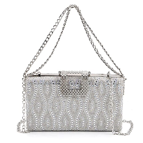 CLOSEOUT DEAL - Crystal Embellished Evening Clutch Bag with Metallic Chain Strap - Silver
