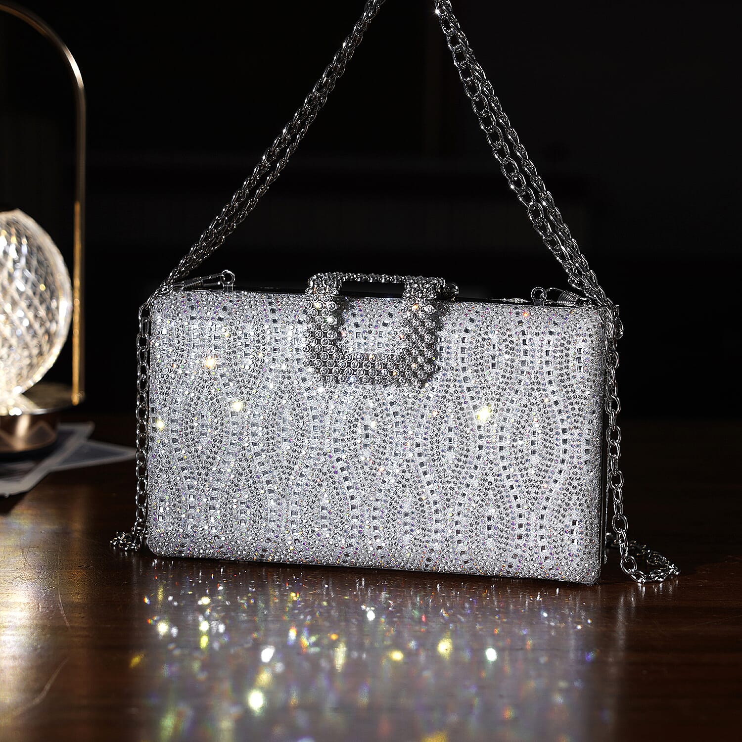 CLOSEOUT DEAL - Crystal Embellished Evening Clutch Bag with Metallic Chain Strap - Silver