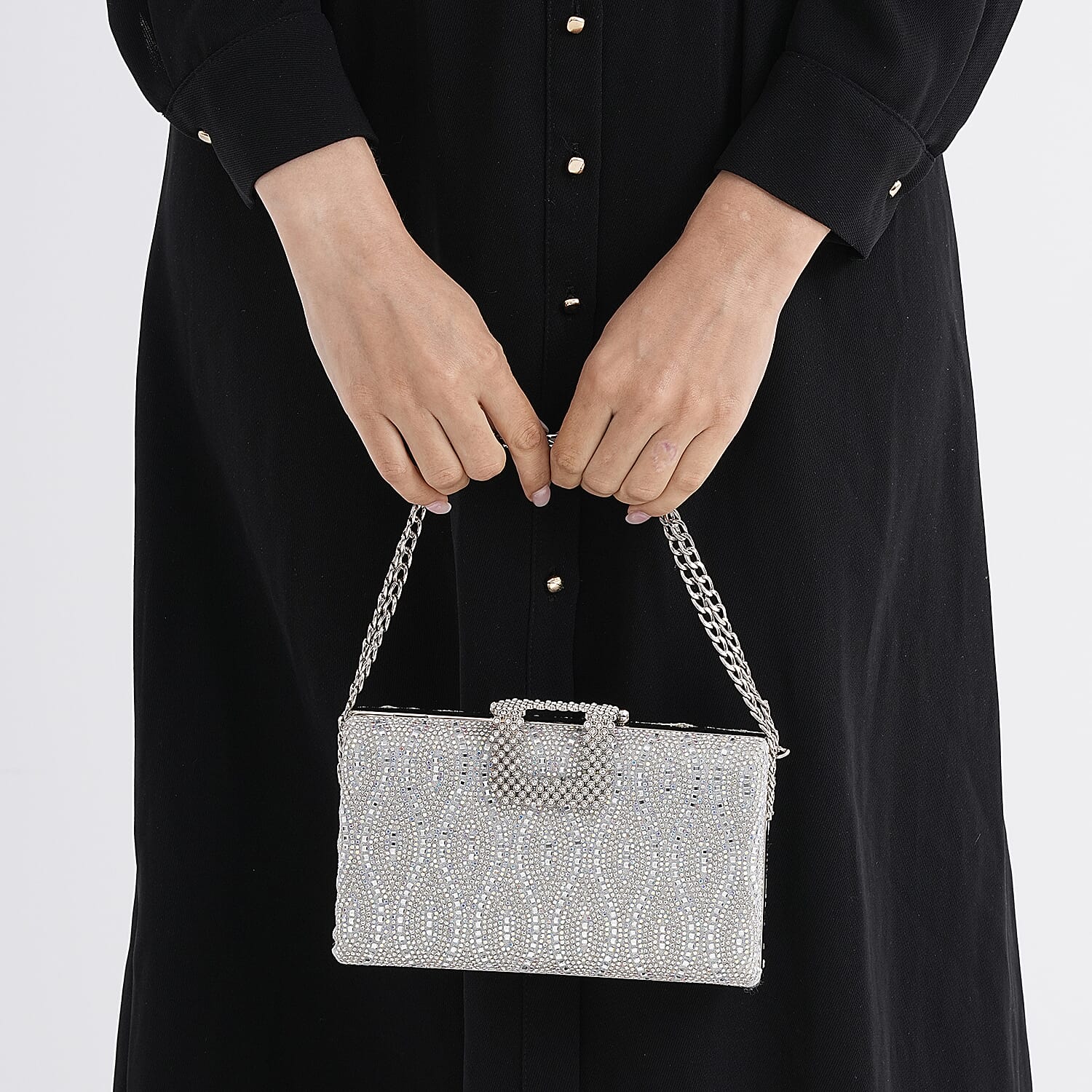 CLOSEOUT DEAL - Crystal Embellished Evening Clutch Bag with Metallic Chain Strap - Silver