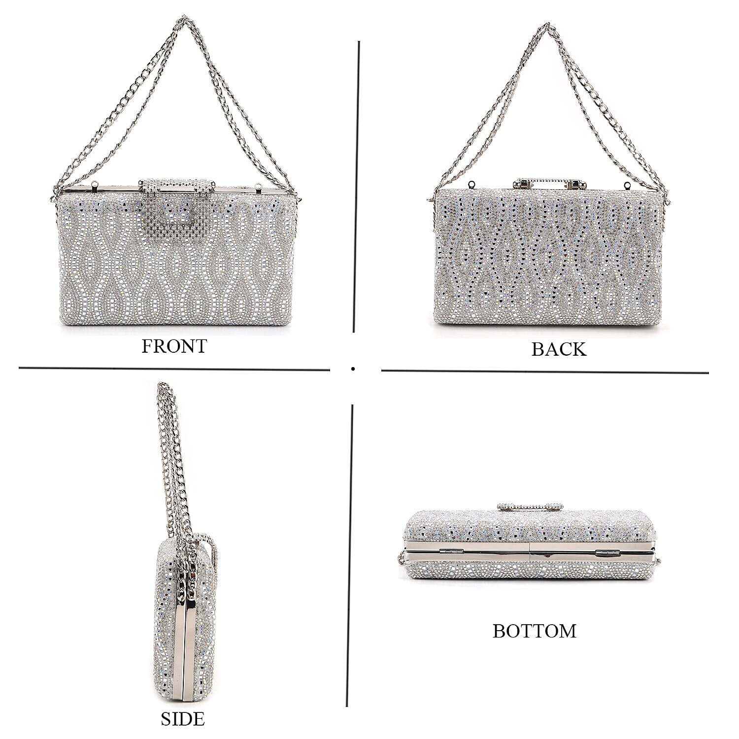 CLOSEOUT DEAL - Crystal Embellished Evening Clutch Bag with Metallic Chain Strap - Silver