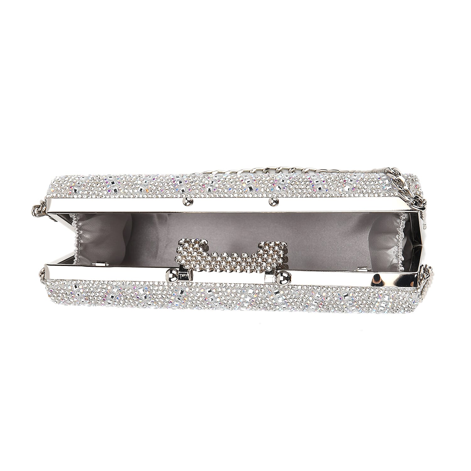 CLOSEOUT DEAL - Crystal Embellished Evening Clutch Bag with Metallic Chain Strap - Silver