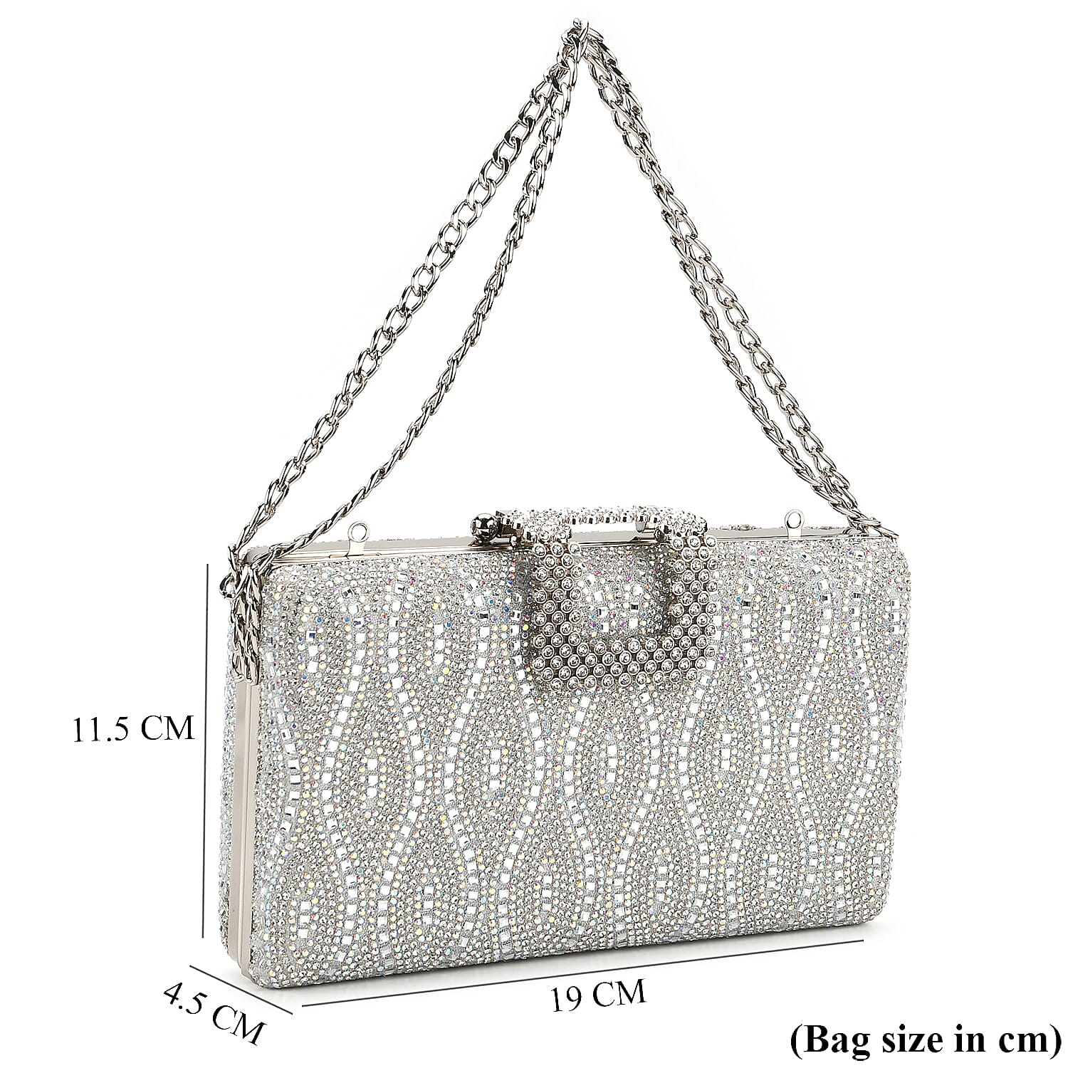 CLOSEOUT DEAL - Crystal Embellished Evening Clutch Bag with Metallic Chain Strap - Silver