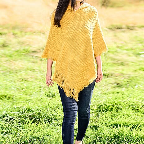 Cozy Knitted Hooded Poncho (One Size) - Mustard