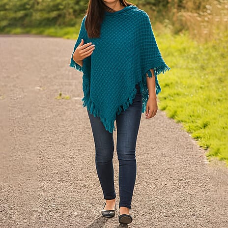 Cozy Knitted Hooded Poncho (One Size) - Blue