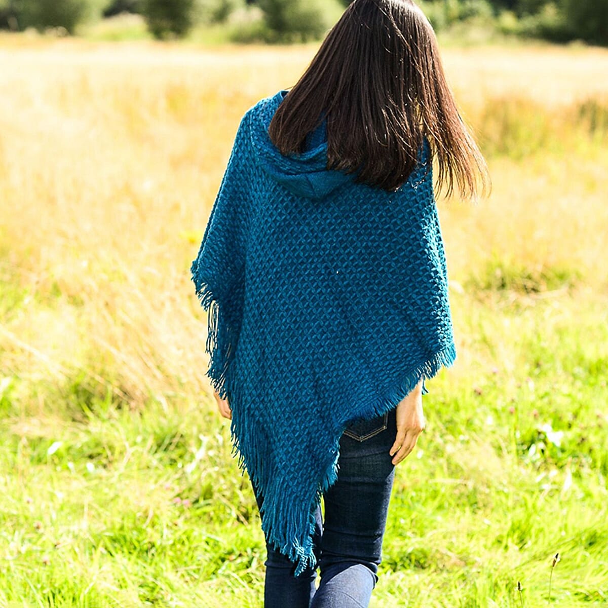 Cozy Knitted Hooded Poncho (One Size) - Blue