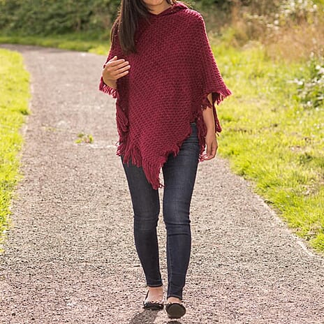 Cozy Knitted Hooded Poncho (One Size) - Wine