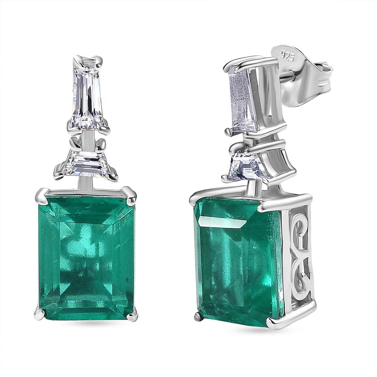 D'Joy Emeraldine Triplet Quartz & White Topaz Stud Push Post Earring in Platinum Overlay Sterling Silver 5.86 Ct.