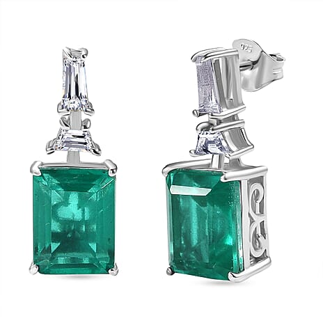 D'Joy Emeraldine Triplet Quartz & White Topaz Stud Push Post Earring in Platinum Overlay Sterling Silver 5.86 Ct.