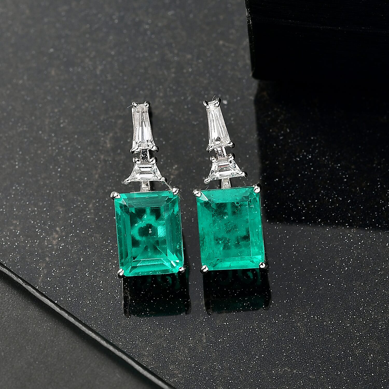 D'Joy Emeraldine Triplet Quartz & White Topaz Stud Push Post Earring in Platinum Overlay Sterling Silver 5.86 Ct.