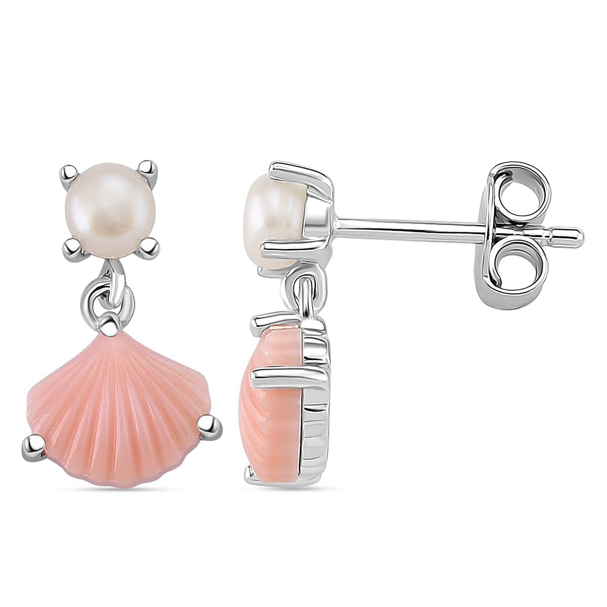 Queen Conch Shell & White Fresh Water Pearl Earring with Push Back in Rhodium Overlay Sterling Silver 2.97 Ct.