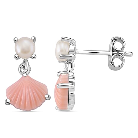 Queen Conch Shell & White Fresh Water Pearl Earring with Push Back in Rhodium Overlay Sterling Silver 2.97 Ct.