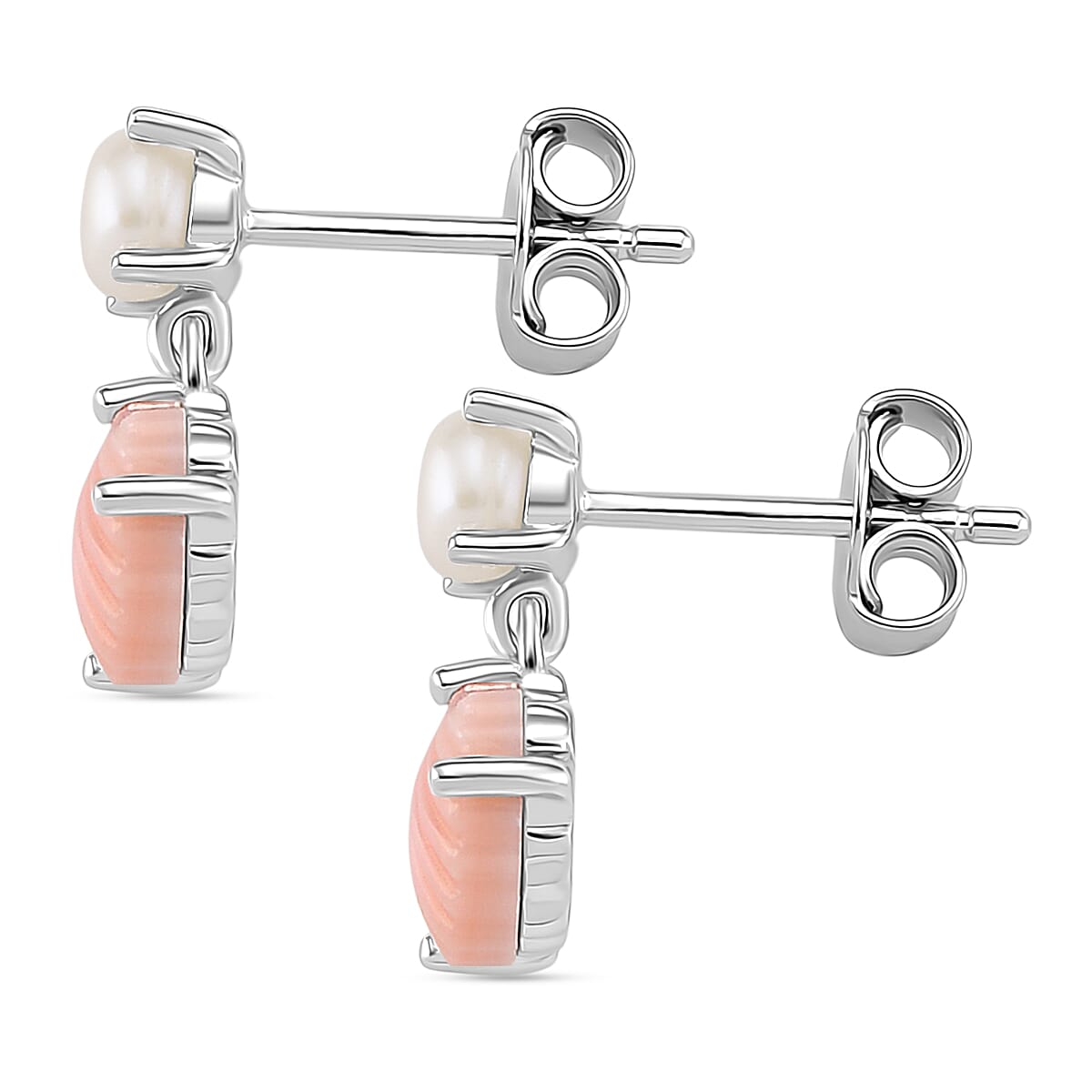 Queen Conch Shell & White Fresh Water Pearl Earring with Push Back in Rhodium Overlay Sterling Silver 2.97 Ct.