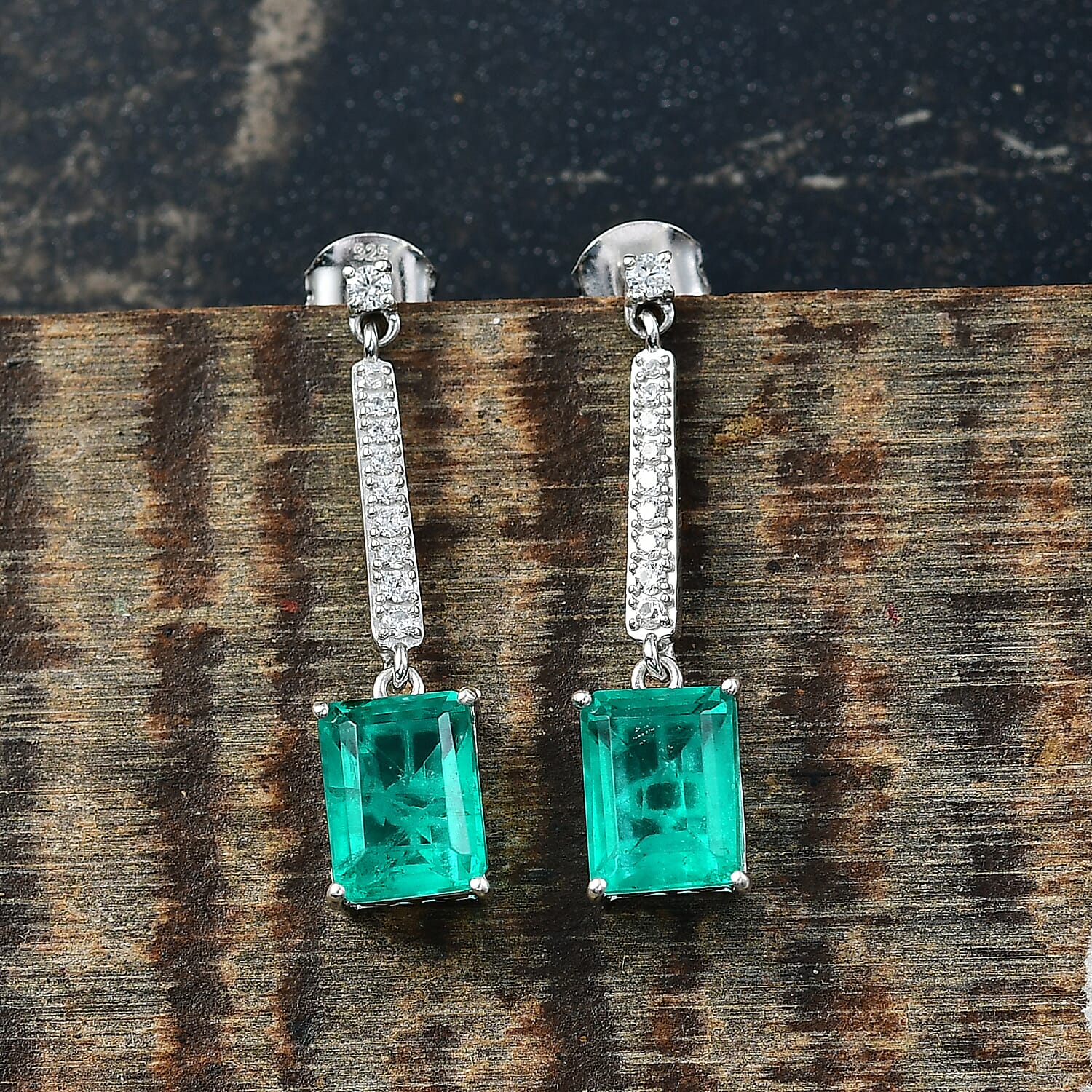 D'Joy Emeraldine Triplet Quartz & White Zircon Dangling Earring in Platinum Overlay Sterling Silver 5.78 Ct.