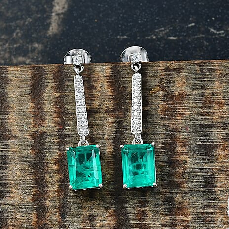 D'Joy Emeraldine Triplet Quartz & White Zircon Dangling Earring in Platinum Overlay Sterling Silver 5.78 Ct.