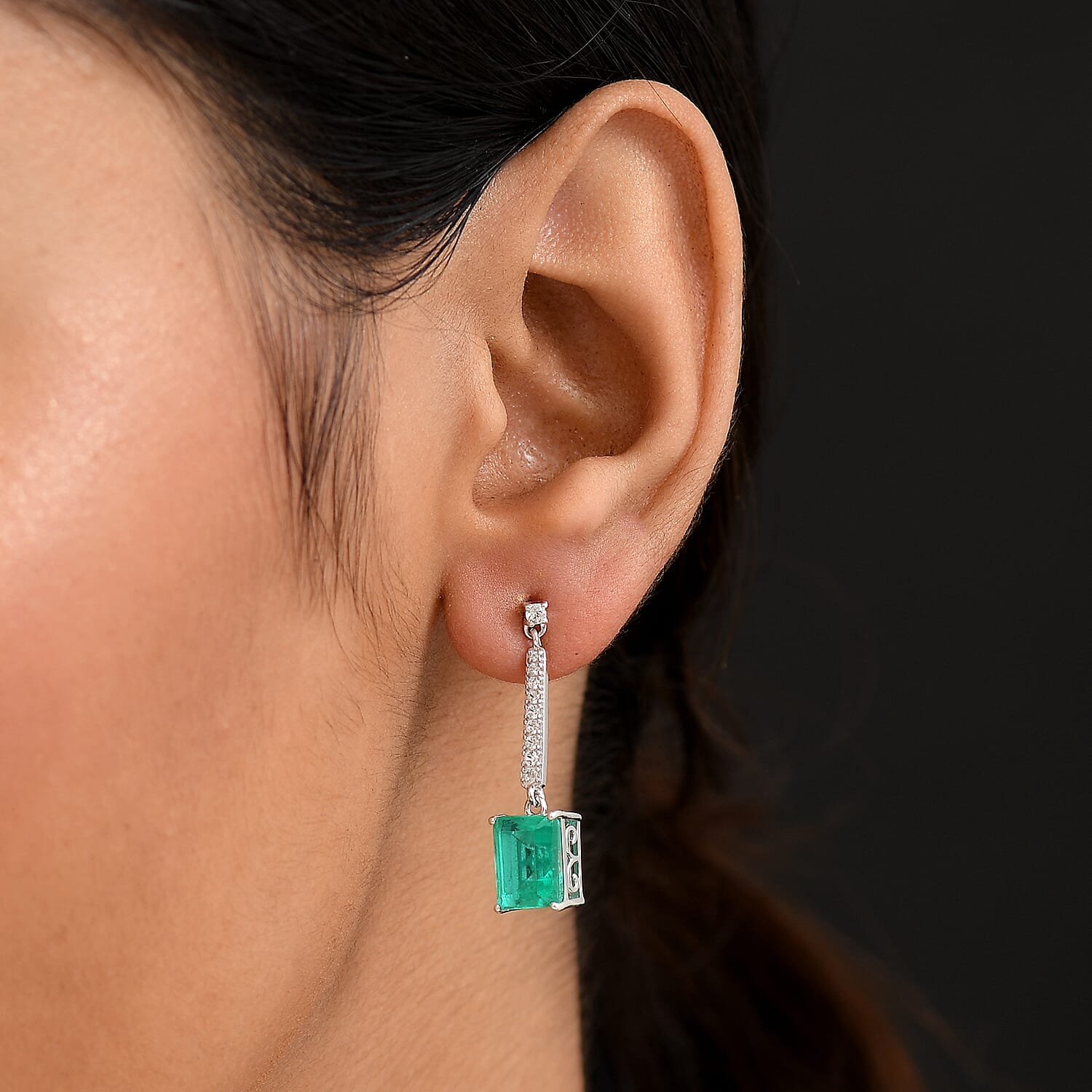 D'Joy Emeraldine Triplet Quartz & White Zircon Dangling Earring in Platinum Overlay Sterling Silver 5.78 Ct.
