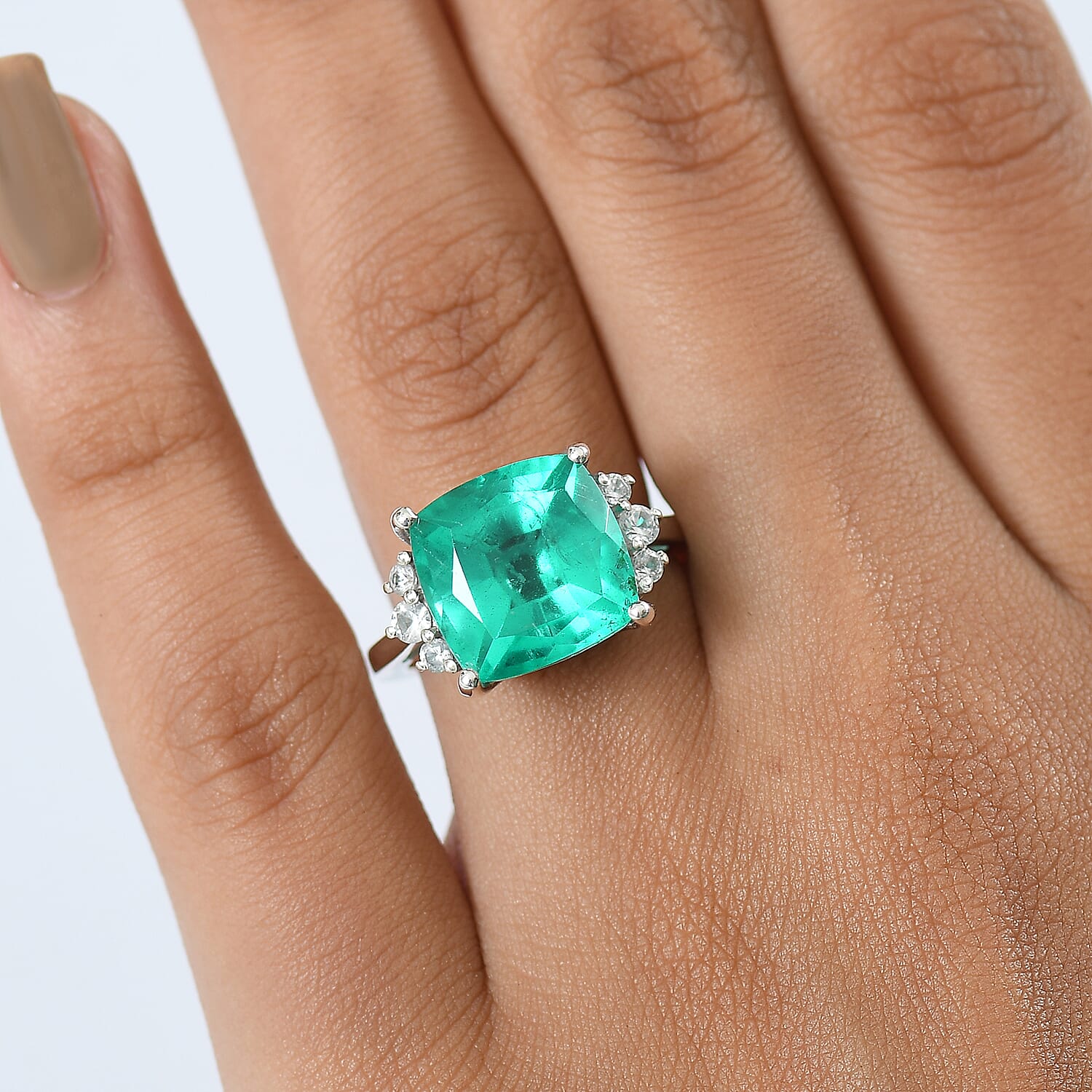 D'Joy Emeraldine Triplet Quartz, White Zircon Solitaire Ring in Platinum OverlaySterling Silver  8.730  Ct.