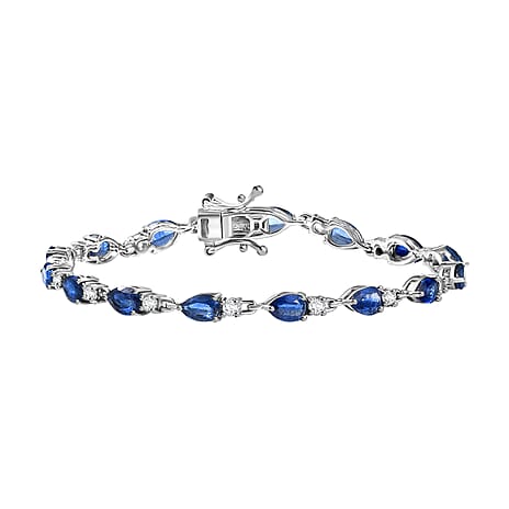Natural Kashmir Kyanite & Zircon Bracelet (Size 7) in Rhodium Overlay Sterling Silver 9.04 Ct, Silver Wt. 5.20 Gms.