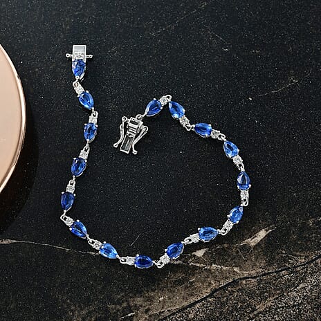 Natural Kashmir Kyanite & Zircon Bracelet (Size 7) in Rhodium Overlay Sterling Silver 9.04 Ct, Silver Wt. 5.20 Gms.
