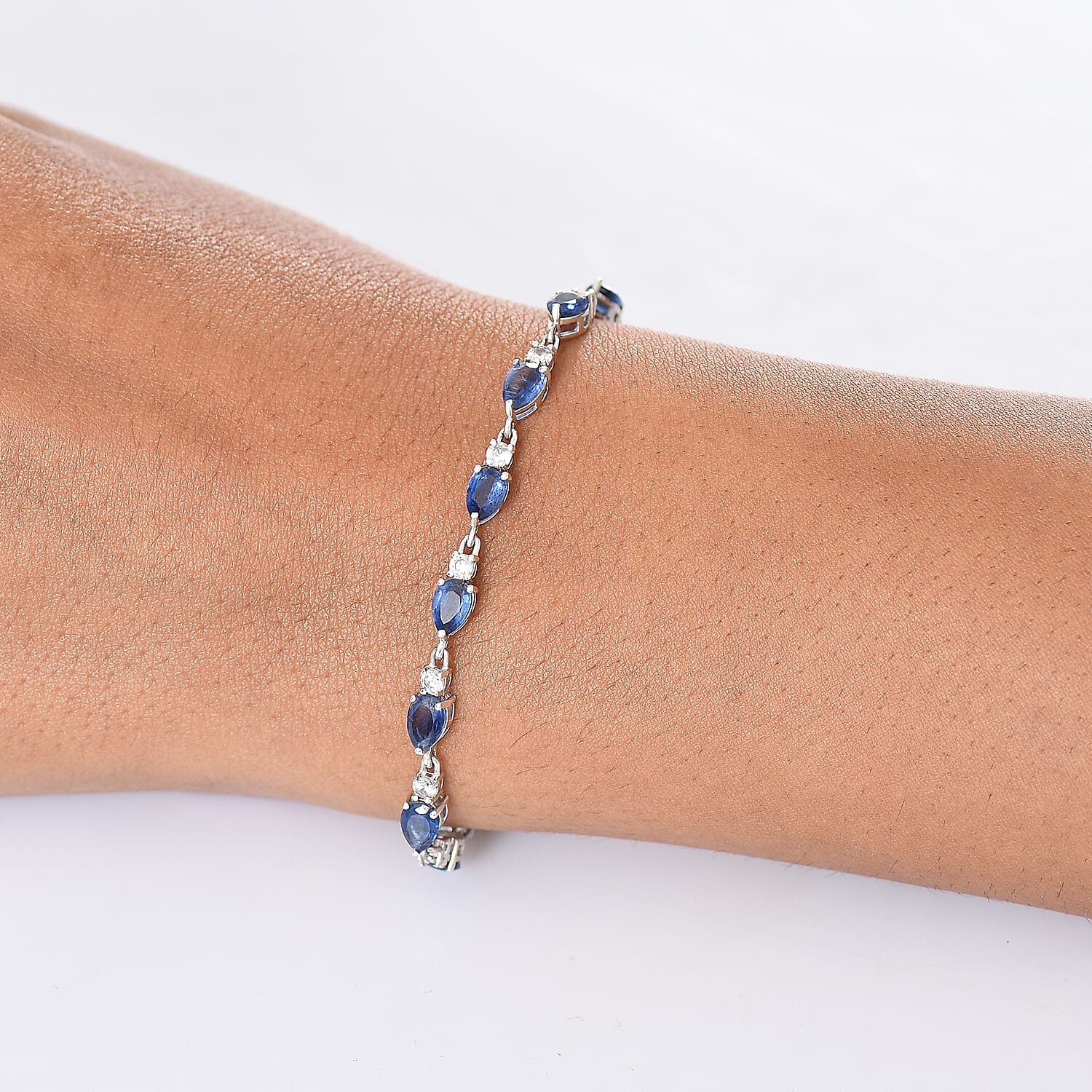 Natural Kashmir Kyanite & Zircon Bracelet (Size 8) in Rhodium Overlay Sterling Silver 10.25 Ct, Silver Wt. 5.77 Gms.