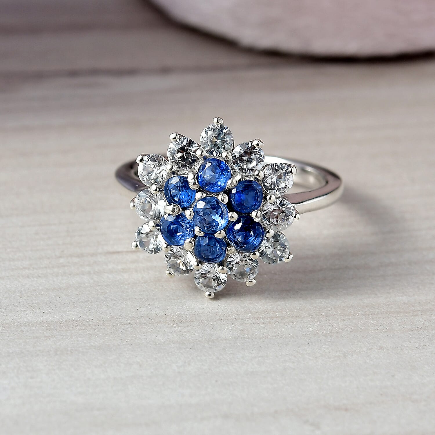 Natural Kashmir Kyanite & White Zircon Cluster Ring in Platinum Overlay Sterling Silver 3.11 Ct.