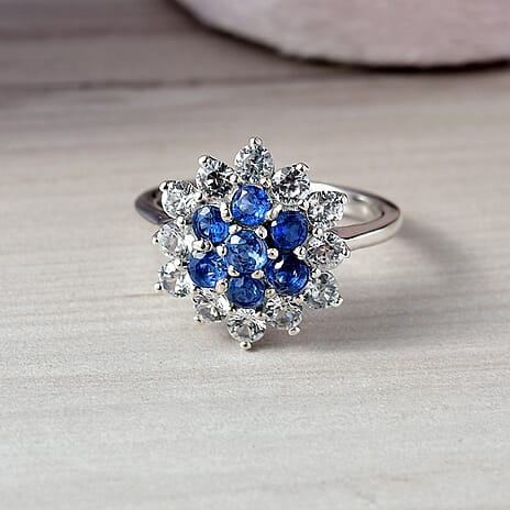 Natural Kashmir Kyanite & White Zircon Cluster Ring in Platinum Overlay Sterling Silver 3.11 Ct.