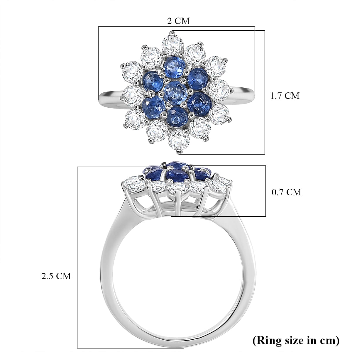 Natural Kashmir Kyanite & White Zircon Cluster Ring in Platinum Overlay Sterling Silver 3.11 Ct.