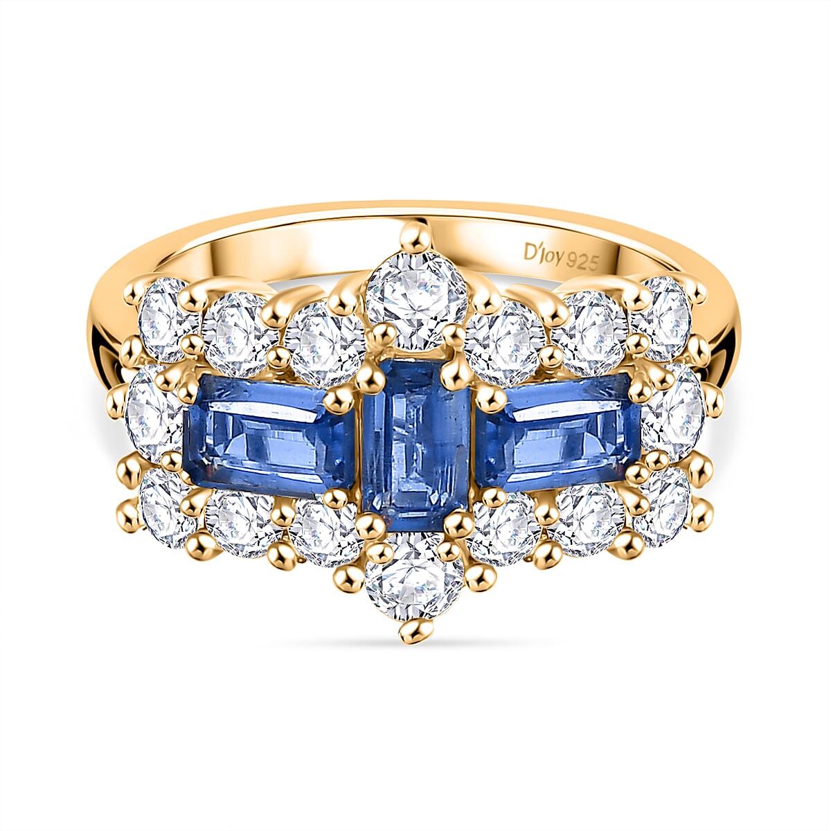 Natural Kashmir Kyanite & White Zircon Cluster Ring in 18K Yellow Gold Plated Sterling Silver 3.23 Ct.