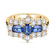 Natural Kashmir Kyanite & White Zircon Cluster Ring in 18K Yellow Gold Plated Sterling Silver 3.23 Ct.