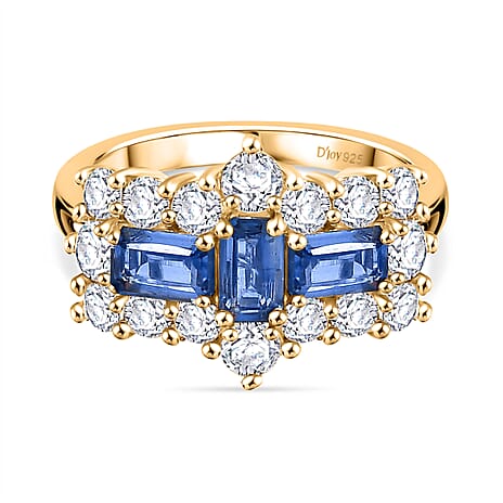 Natural Kashmir Kyanite & White Zircon Cluster Ring in 18K Yellow Gold Plated Sterling Silver 3.23 Ct.