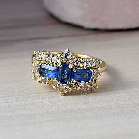 Natural Kashmir Kyanite & White Zircon Cluster Ring in 18K Yellow Gold Plated Sterling Silver 3.23 Ct.