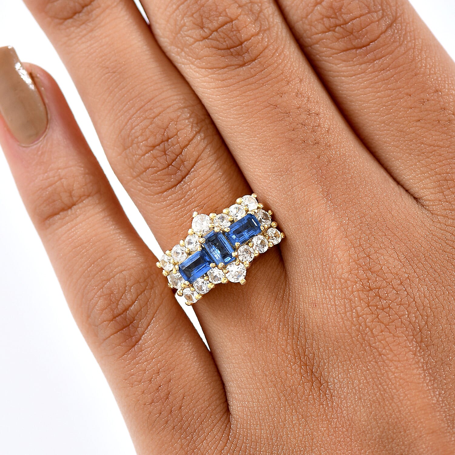 Natural Kashmir Kyanite & White Zircon Cluster Ring in 18K Yellow Gold Plated Sterling Silver 3.23 Ct.