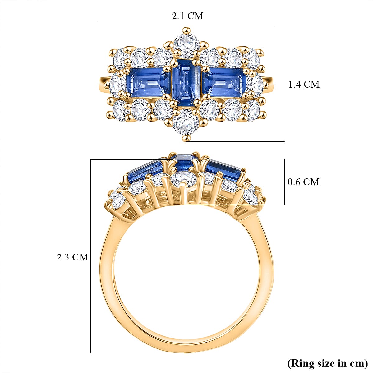 Natural Kashmir Kyanite & White Zircon Cluster Ring in 18K Yellow Gold Plated Sterling Silver 3.23 Ct.