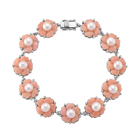 Queen Conch Shell & White Fresh Water Pearl Bracelet (Size 7) in Rhodium Overlay Sterling Silver 35.81 Ct, Silver Wt. 11.10 Gms.