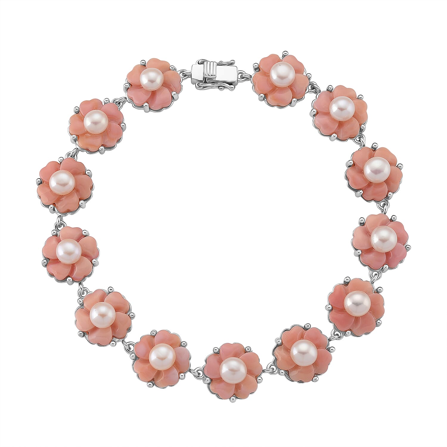 Queen Conch Shell & White Fresh Water Pearl Bracelet (Size 8) in Rhodium Overlay Sterling Silver 42.66 Ct, Silver Wt. 13.20 Gms.