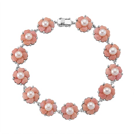 Queen Conch Shell & White Fresh Water Pearl Bracelet (Size 8) in Rhodium Overlay Sterling Silver 42.66 Ct, Silver Wt. 13.20 Gms.