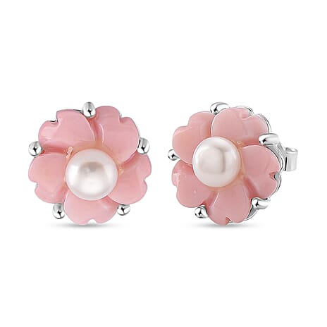 Queen Conch Shell & White Fresh Water Pearl Earring with Push Back in Rhodium Overlay Sterling Silver 6.40 Ct.