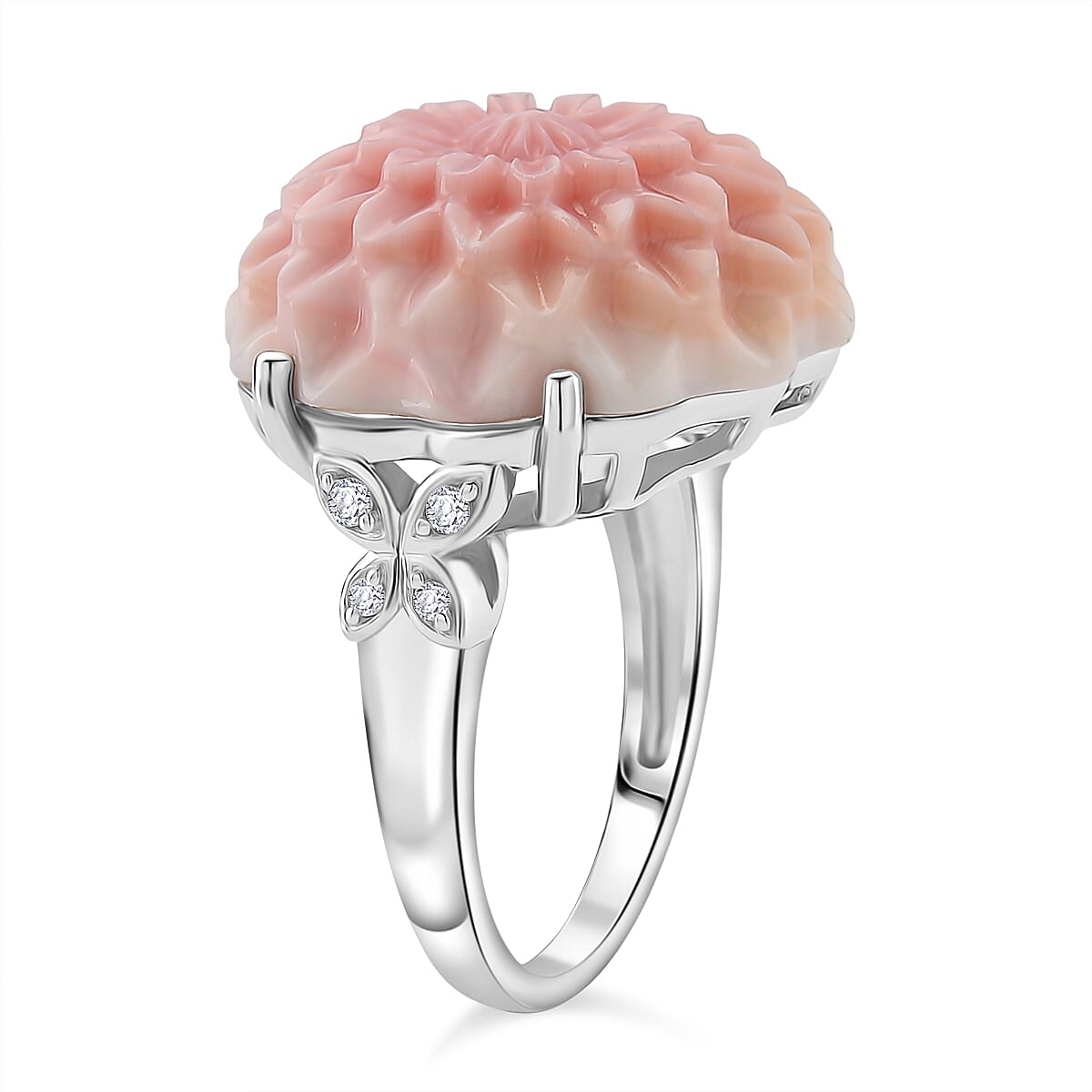 Queen Conch Shell & White Zircon Ring in Rhodium Overlay Sterling Silver 20.80 Ct.