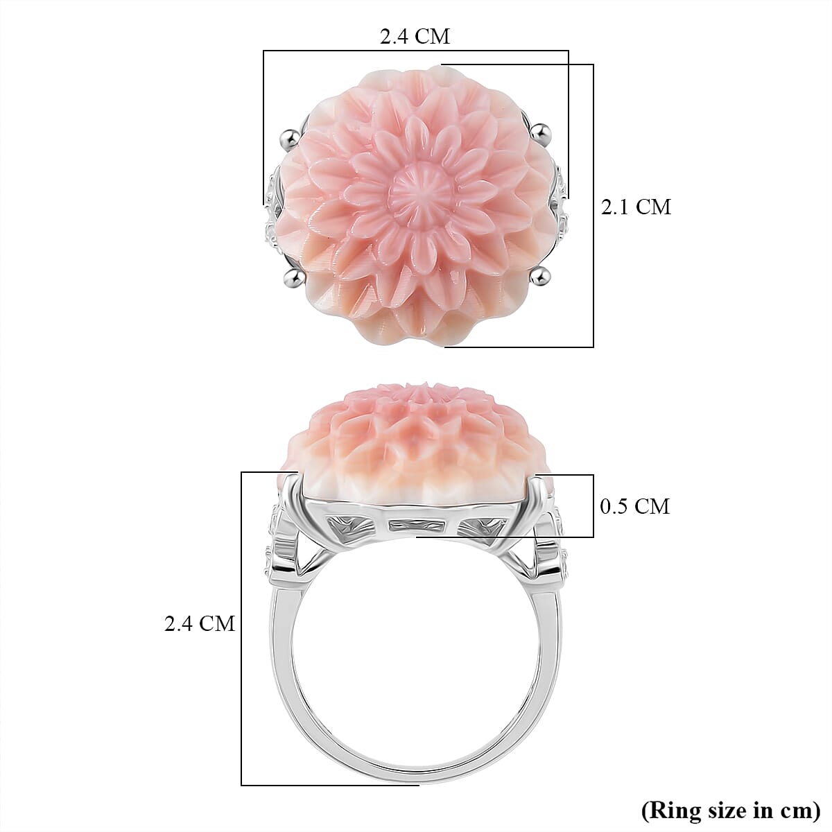 Queen Conch Shell & White Zircon Ring in Rhodium Overlay Sterling Silver 20.80 Ct.
