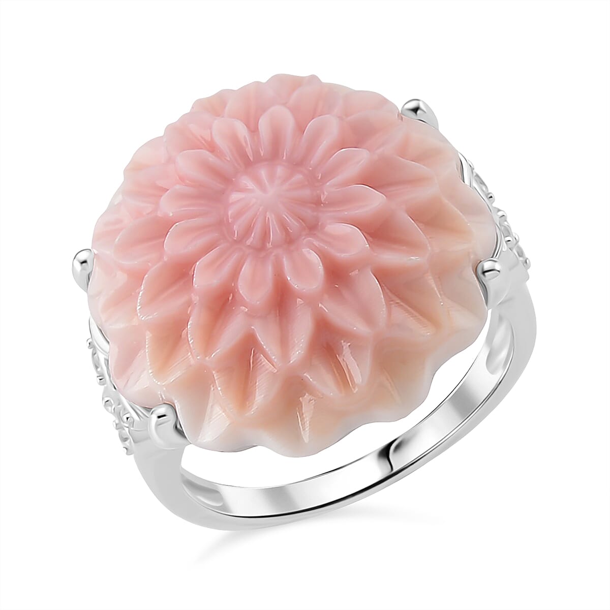 Queen Conch Shell & White Zircon Ring in Rhodium Overlay Sterling Silver 20.80 Ct.