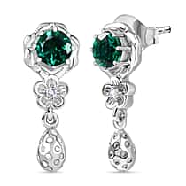 D'joy Lab Grown Emerald, White Zircon Floral Dangle Earring in Rhodium Overlay Sterling Silver