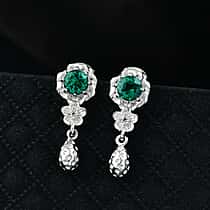 D'joy Lab Grown Emerald, White Zircon Floral Dangle Earring in Rhodium Overlay Sterling Silver
