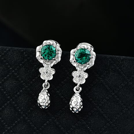 Lab Grown Emerald & White Zircon Dangling Earring in Rhodium Overlay Sterling Silver